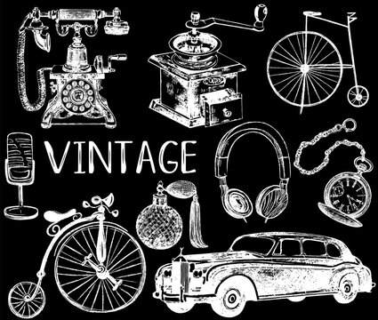 Set of hand drawn sketch style different vintage objects isolated on black background. Vector illustration.