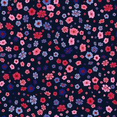 Vector seamless pattern with small scattered flowers. Liberty style print. Elegant floral background. Simple ditsy texture. Pink, red, blue, black color. Repeat design for decor, fabric, wallpaper