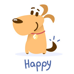 Vector illustration of happy cute orange color dog with collar is sitting on white background.