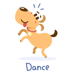 Vector illustration of happy cute orange color dog with tongue is dancing on white background.