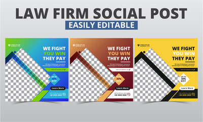 Lawyer social media post design vector digital marketing for law firms. Modern geometric consult instagram post template editable & attorney social media layout square web banner with photo collage.