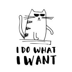 Hand drawn vector illustration of cool cat in sunglasses with handwritten text I do what I want.