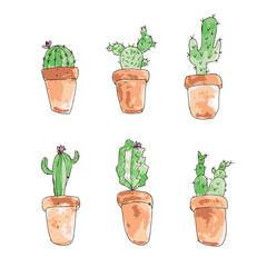 Hand drawn vector collection of watercolor cactuses. 