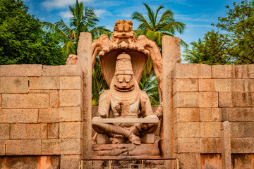 narasimha lakshmi temple hampi antique stone art close up shot from unique angle with amazing sky