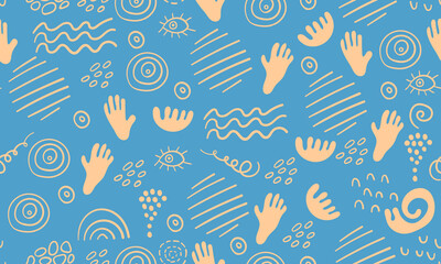 Abstract seamless pattern with simple hand drawn shapes on blue background. Vector illustration.