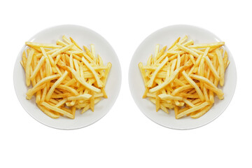 Plate with yummy french fries on white background ,Ideal for use in the design fairly.