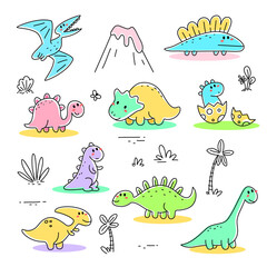 Vector set of ancient world illustration of cute color different dinosaur character and volcano on white background.