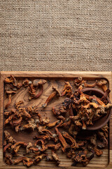 Dried chanterelle mushrooms (Cantharēllus cibārius), on a wooden board, on a rough woven background, burlap, top view