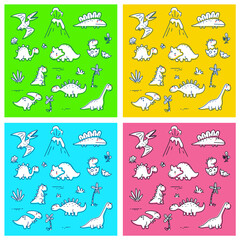 Vector set of ancient world monochromatic illustration with different dinosaur character and volcano on color background.