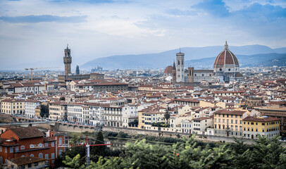 Fototapeta na wymiar Panorama of the city of Florence, Tuscany, Italy, with a tower, houses, churches and mountains on the horizon