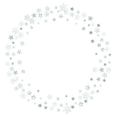 Fototapeta na wymiar Silver Christmas snow ant stars frame. Winter snowflakes subtle background on white, greeting card. New Year Holidays subtle backdrop. Noel decoration, Vector illustration