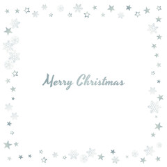 Silver Christmas snow ant stars frame. Winter snowflakes subtle background on white, greeting card. New Year Holidays subtle backdrop. Noel decoration, Vector illustration