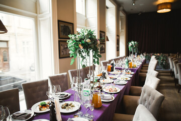 Interior of a restaurant prepared for wedding ceremony