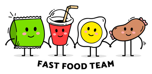 Vector illustration of fast food friend on white background. Happy snack, cola, fried egg, sausage character standing together.