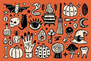 Halloween clip art, set of elements. Holiday ink stamps, silhouettes. Eye, black cat, bat, witch hat, pumpkin, key, poison, cauldron, skull, bone, snake, runes, moon. Vectors isolated on orange back.