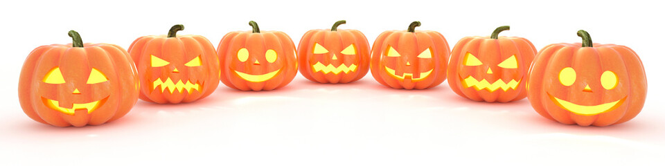 Many Halloween Pumpkins in a row on white background. 3d rendering