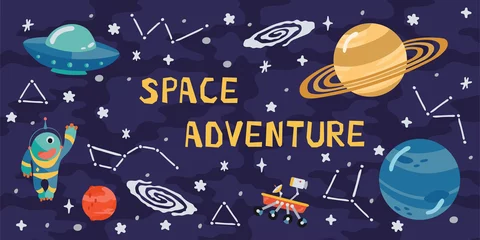  Space horizontal background with rocket, planets, cosmonaut and copy space for your text in cartoon style. Concept banner with the solar system for your design. Vector llustration © Irina Gubanova