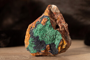 Brushes of dark blue azurite crystals with bright green malachite from Morocco.