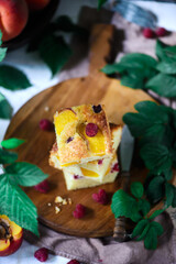 Peach raspberry olive oil cake. rustic photo