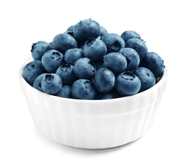 Fresh ripe blueberries in bowl on white background