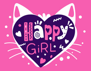 Vector girly poster with bright cat heart with ears and header