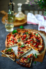 Pizza with steak and pepper.. Top view.