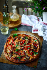 Pizza with steak and pepper.. Top view.