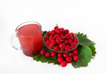 Fresh hawthorn berries in a plate, hawthorn tea, next to many green leaves on a white background. Health concept, healthy heart. Copy space. View from above
