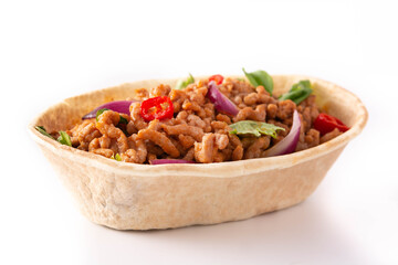 Mexican barquita taco with beef, chilli, tomato, onion and spices isolated on white background