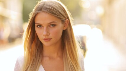 Closeup face of beautiful blond sexy smiling woman with long hair. Portrait of gorgeous girl looking to camera - Powered by Adobe