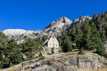 Christian church next to Wallon Marcadau mountain refuge in beautiful valley in the Pyrenees...