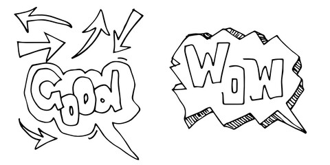 Fototapeta premium simple black and white line drawing cartoon comic book WOW,GOOD symbol.Print design modern vector cartoon illustration for children kid.