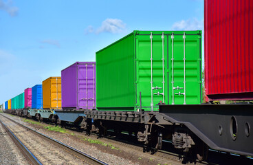 Cargo Containers Transportation On Freight Train By Railway. Intermodal Container On Train Car. Rail Freight Shipping Logistics Concept. Import - export goods from Сhina.