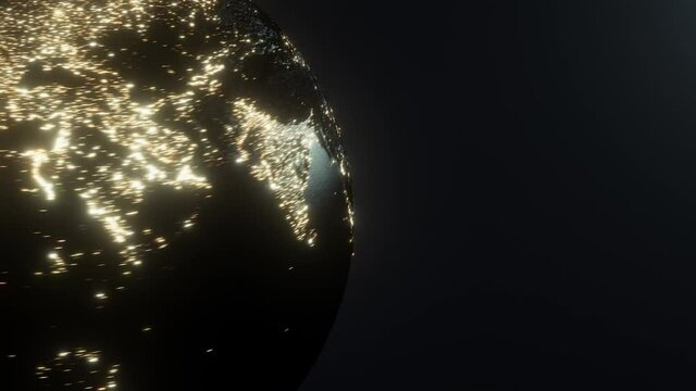 Night lights stylized earth spinning fast and slowing down. Copy space. Loop.