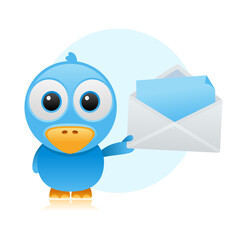Blue bird cartoon with mail.Vector illustration of cartoon bird with the message.