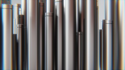 Metal tubes. Manufacturing industry business production and heavy metallurgical industrial products creative in room: many shiny steel pipes creative industrial background. 3d rendering