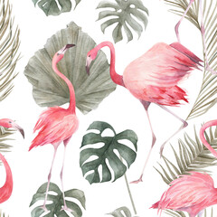 Tropical seamless pattern with flamingo and leaves. Watercolor vintage summer print. Exotic hand drawn illustration