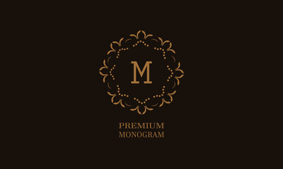 Luxury monogram design with the letter of the alphabet M. Elegant logo of the emblem of a restaurant, hotel, business. Can be used for invitations, booklets, postcards.