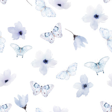 Watercolor seamless pattern. Floral print with butterflies on white background