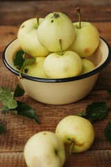 Delicious green apples with leaves on the table