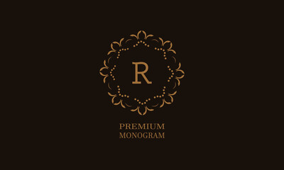 Luxury monogram design with the letter of the alphabet R. Elegant logo of the emblem of a restaurant, hotel, business. Can be used for invitations, booklets, postcards.