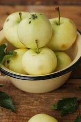 Delicious green apples with leaves on the table