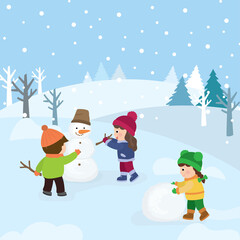 Cartoon happy children make a snowman. Cute caucasian kids build a sculpture of snow together.