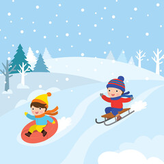 Cute cartoon caucasian children ride a tubing and sled. Wintertime, outdoors activites.
