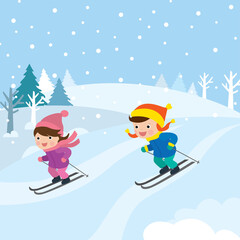Cute cartoon caucasian children are skiing. Wintertime, otdoors activites. Schoolboy and schoolgirl enjoy sports.