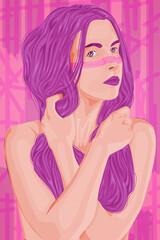 beautiful illustration of woman purple hair pink background