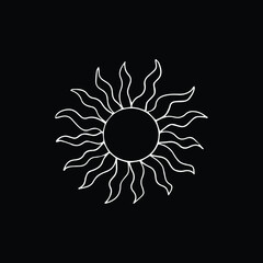 Magical occult sun with long beams isolated on black background. Outline icon logo vector. Magic astrological astronomical symbol. Night picture. 