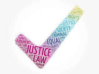 Justice check mark word cloud collage, law concept background