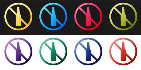 Set No alcohol icon isolated on black and white background. Prohibiting alcohol beverages. Forbidden symbol with beer bottle glass. Vector.