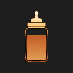 Gold Baby bottle icon isolated on black background. Feeding bottle icon. Milk bottle sign. Long shadow style. Vector.
